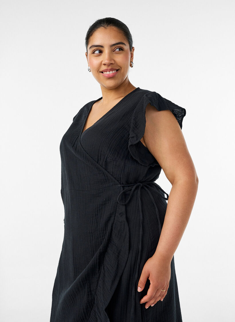 Wickelkleid aus Baumwoll-Musselin mit R&uuml;schen, Schwarz, Model image number 2