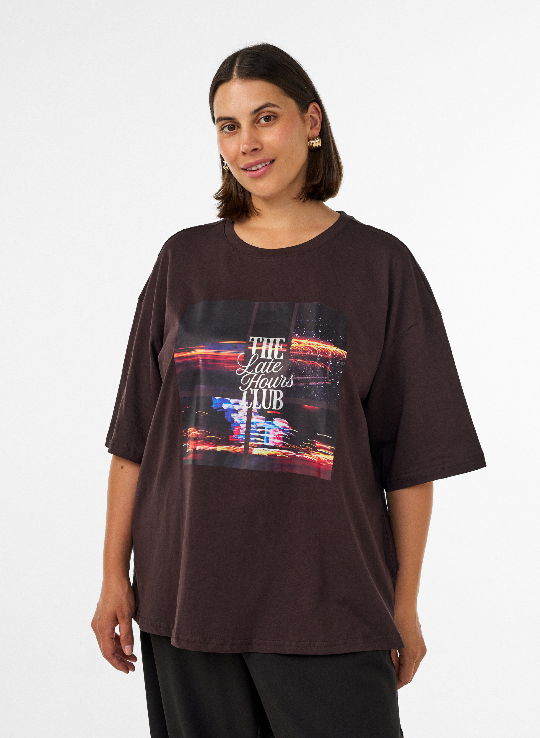 Oversized T-Shirt mit gro&szlig;em Fotoprint, Braun, Model