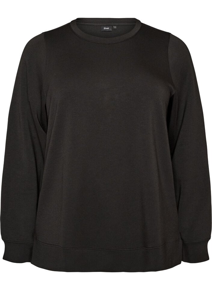 Lang&auml;rmelige Bluse aus Jersey mit Rundhalsausschnitt, Schwarz, Packshot image number 0