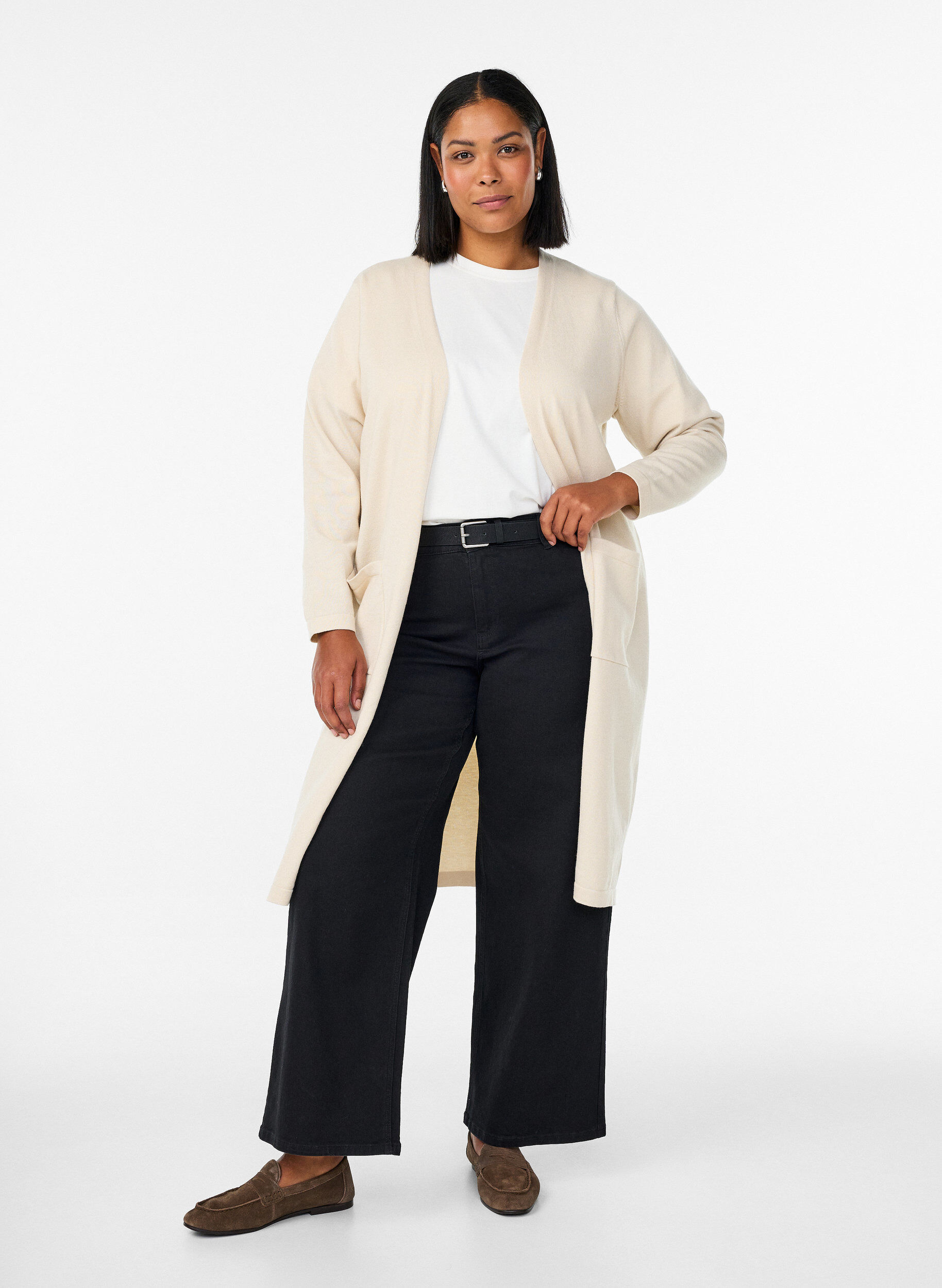 ZizziLange, offene Strickjacke mit Taschen, Beige, Model image number 0