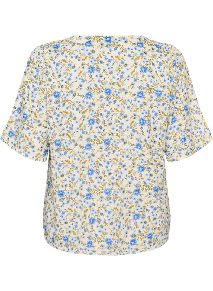 Kurz&auml;rmelige Bluse aus Baumwolle mit V-Ausschnitt, Blau, Packshot