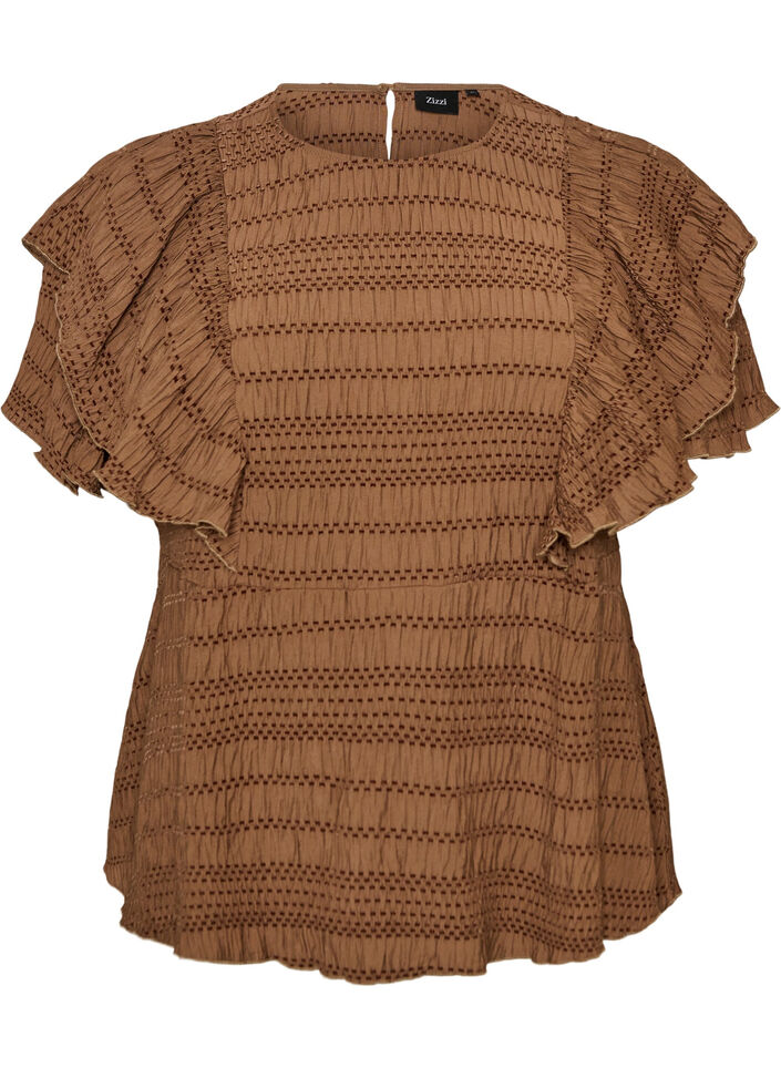 Bluse mit gesmokter Textur und R&uuml;schen&auml;rmeln, Braun, Packshot image number 0