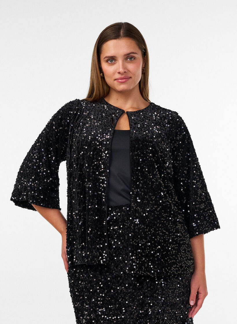 Strickjacke mit Pailletten und 3/4-&Auml;rmeln, Schwarz, Model image number 0