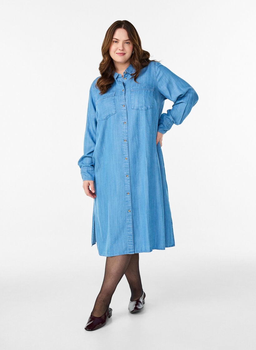 Midi-Hemdblusenkleid aus weichem Lyocell-Denim, Blau, Model image number 0