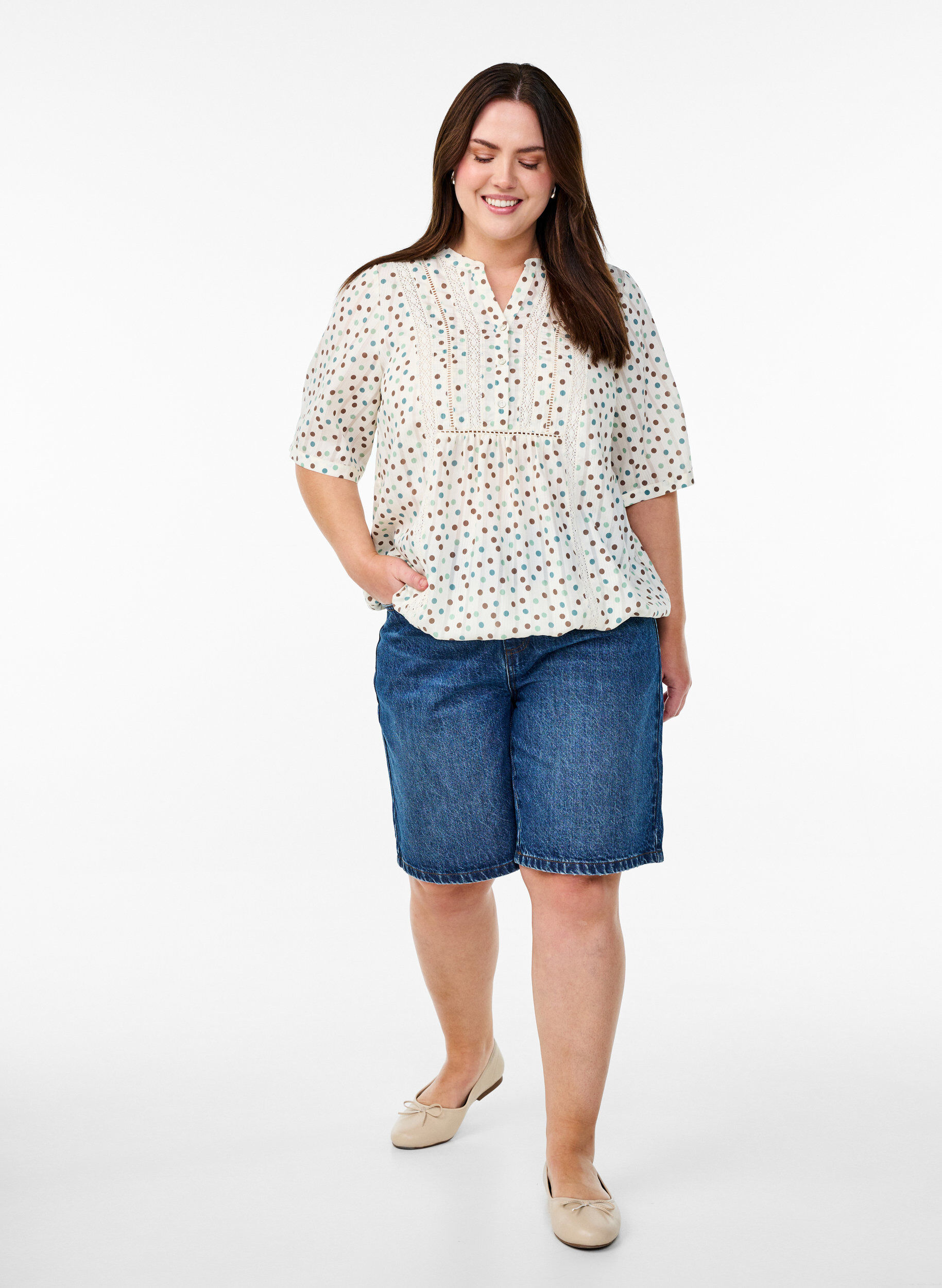 Zizzi Bluse mit Print und 1/2-&Auml;rmeln, Wei&szlig;, Model image number 1