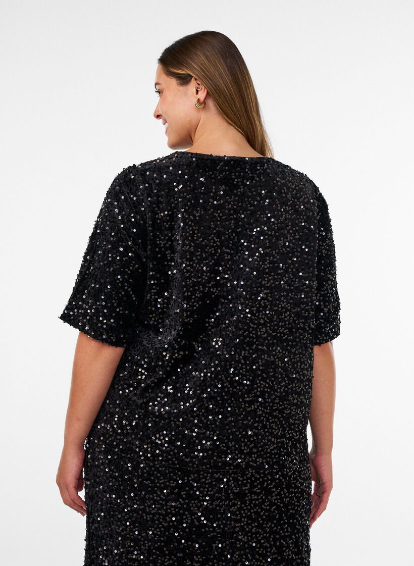 Bluse mit Pailletten und ellenbogenlangen &Auml;rmeln, Schwarz, Model image number 2