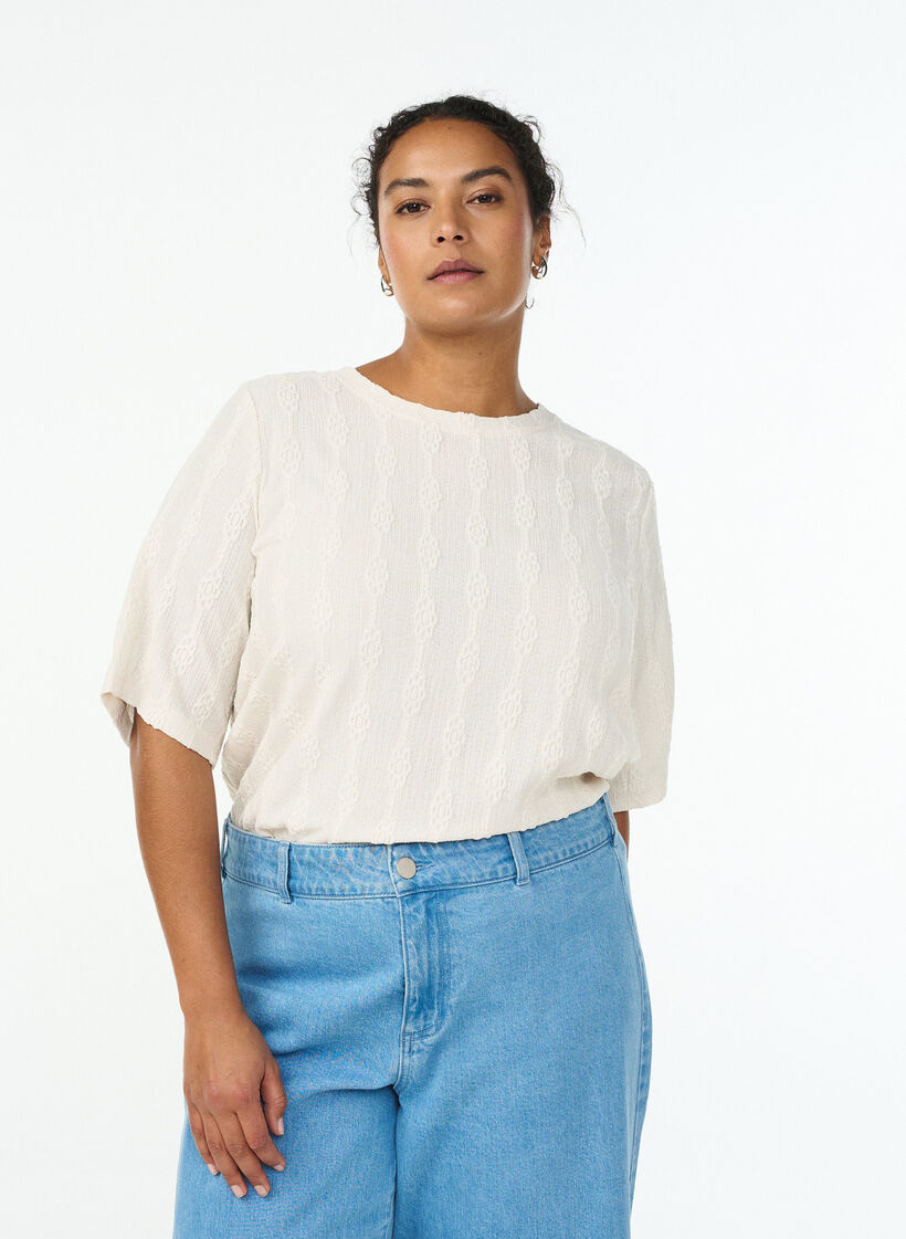 Bluse mit Strukturmuster und kurzen Ärmeln, Beige, Model image number 0