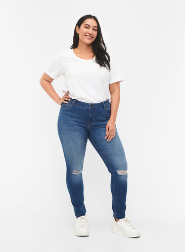 Super schlanke Sanna Jeans mit Zerstören, Blue denim, Model image number 0