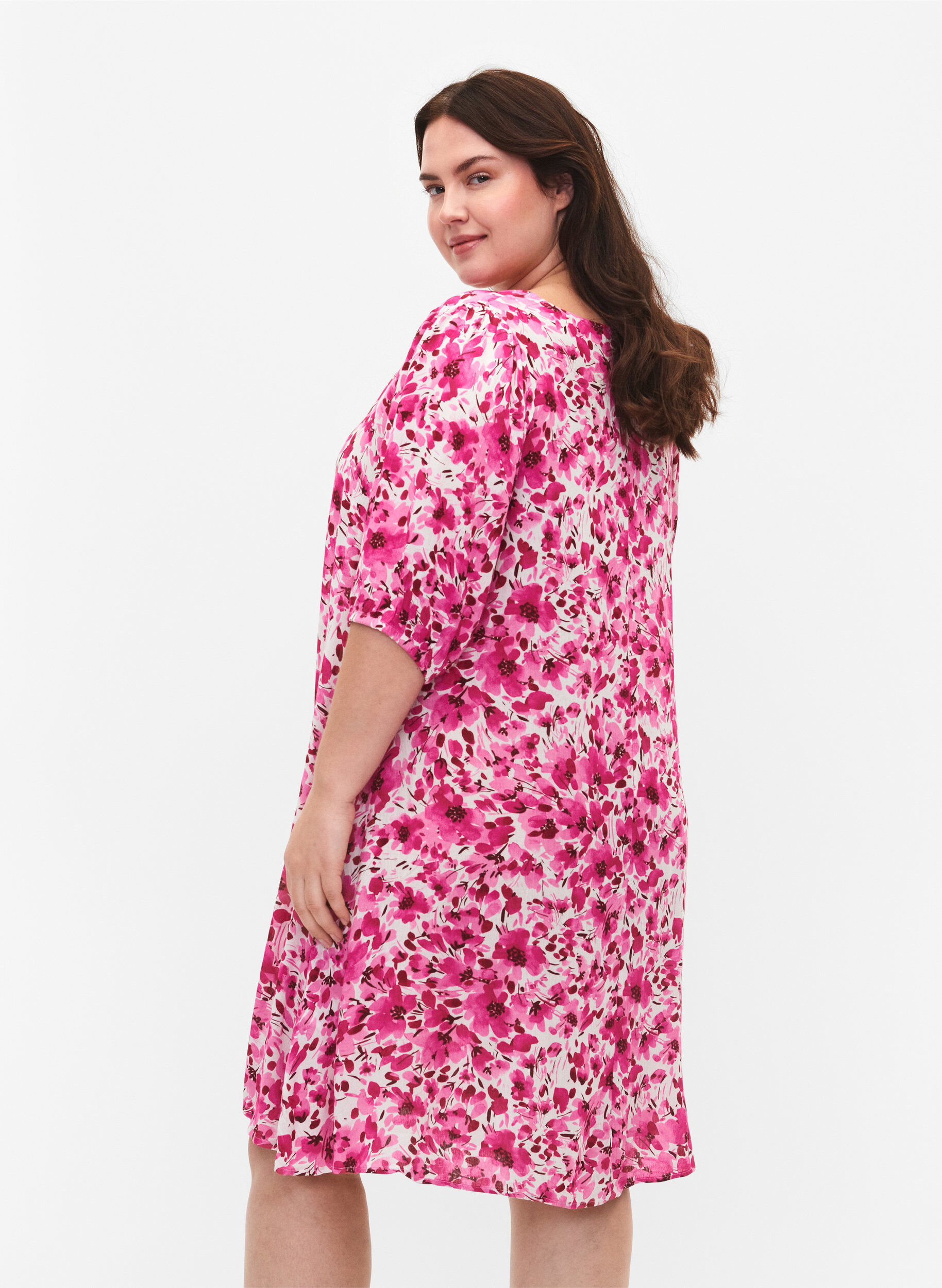 Zizzi Gebl&uuml;mtes Kleid aus Viskose mit A-Linie, Pink Flower Rain, Model image number 1