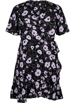 Wickelkleid mit Print und kurzen Ärmeln, Black Flower AOP, Packshot image number 0