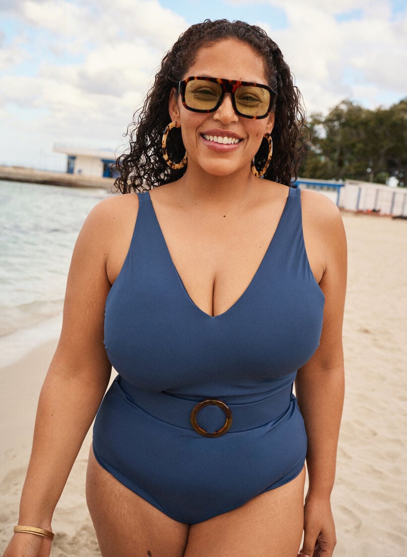 Badeanzug mit V-Ausschnitt und G&uuml;rtel, Blau, Image image number 0