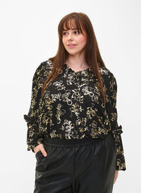 Langärmelige Bluse mit Rüschen und Foliendruck, Black Foil AOP, Model