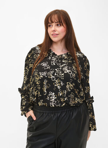 Langärmelige Bluse mit Rüschen und Foliendruck, Black Foil AOP, Model image number 0