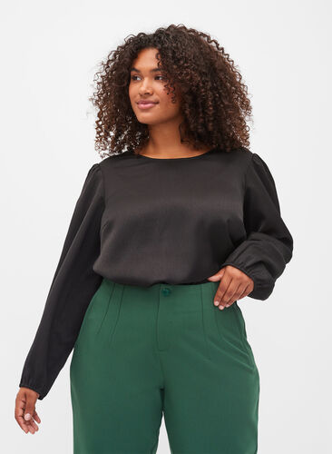 Langärmelige Bluse mit Rundhalsausschnitt, Black, Model image number 0