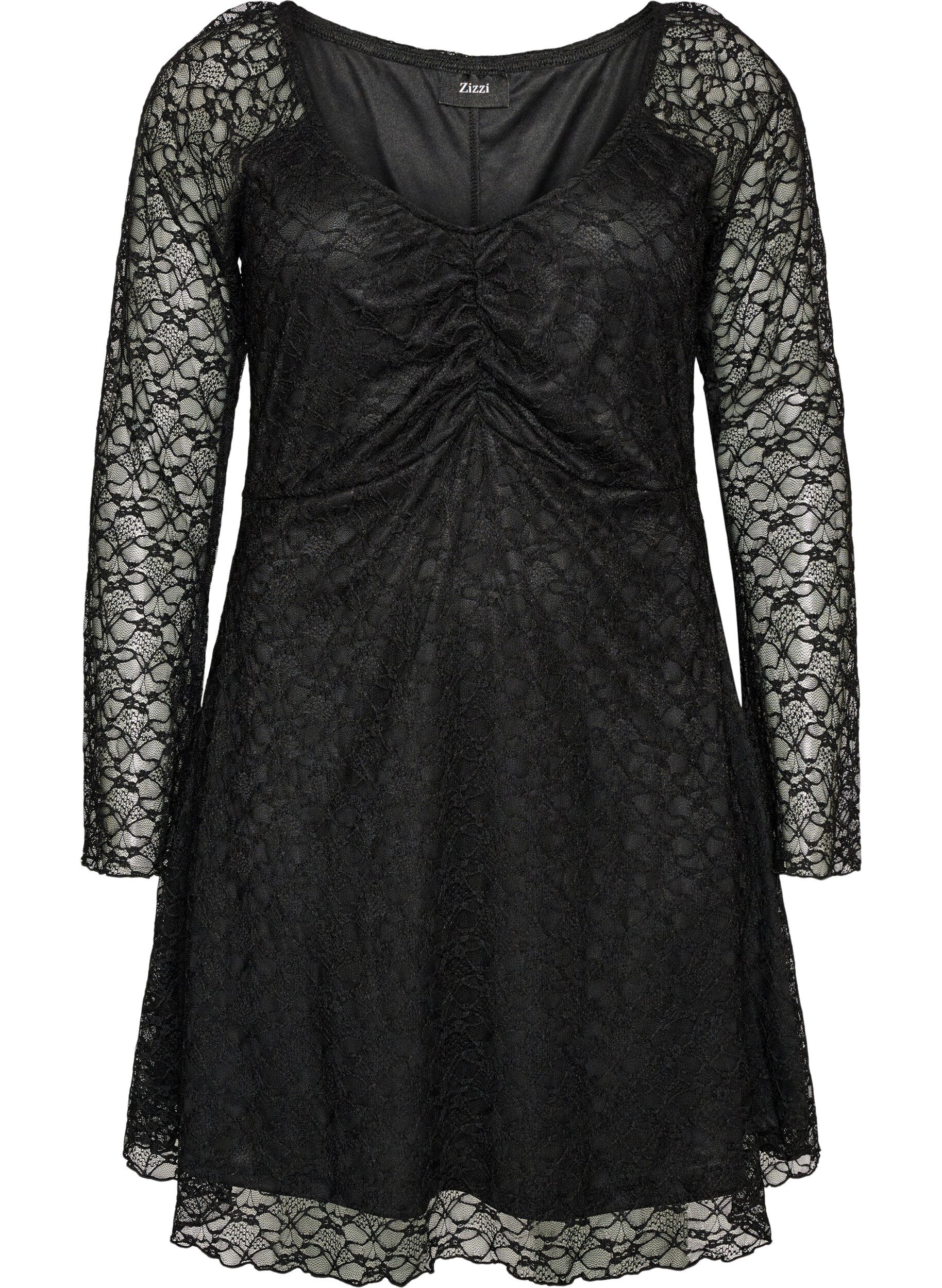 ZizziSpitzenkleid mit Trompeten&auml;rmeln und A-Linie, Schwarz, Packshot image number 0