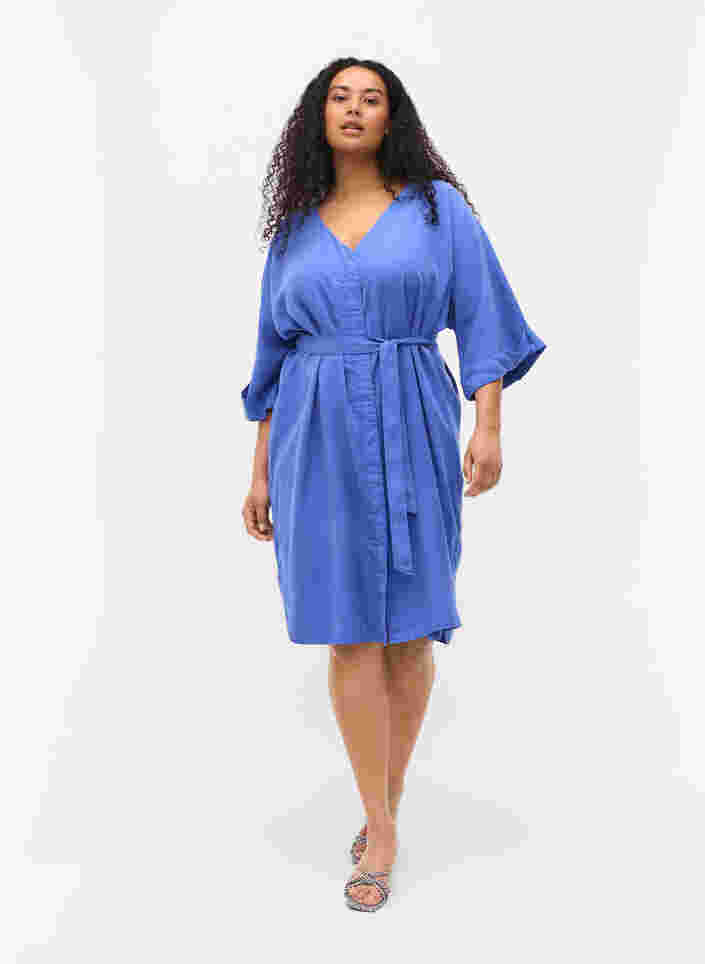 Kleid mit 3/4-Ärmeln und Bindeband, Dazzling Blue, Model image number 2