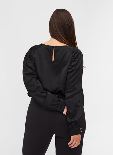 Langarm Bluse mit Faltendetails und dekorativen Knöpfen, Black, Model image number 1