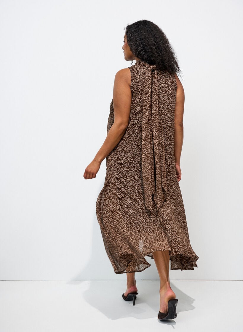 Midikleid aus Chiffon mit Leo-Print und Bindeband in der Taille, Braun, Model image number 1