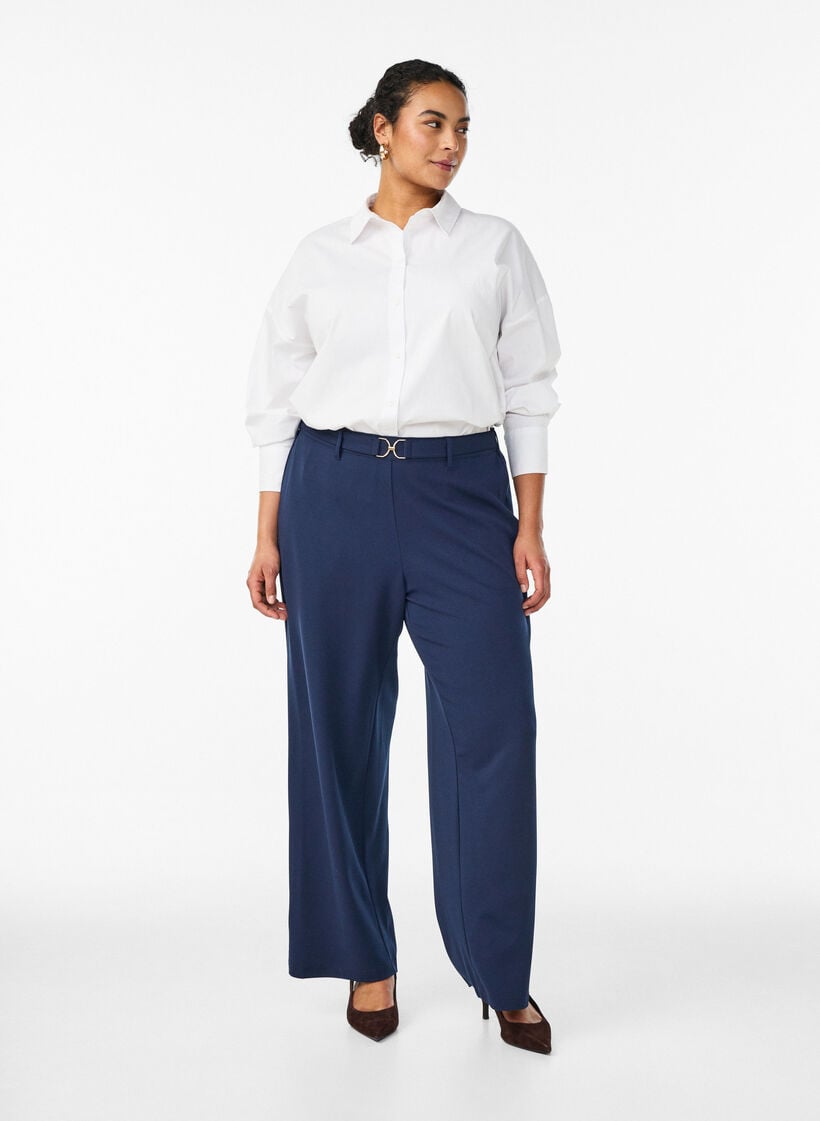 Hoch taillierte Hose mit G&uuml;rtel und goldener Schnalle, Blau, Model image number 0