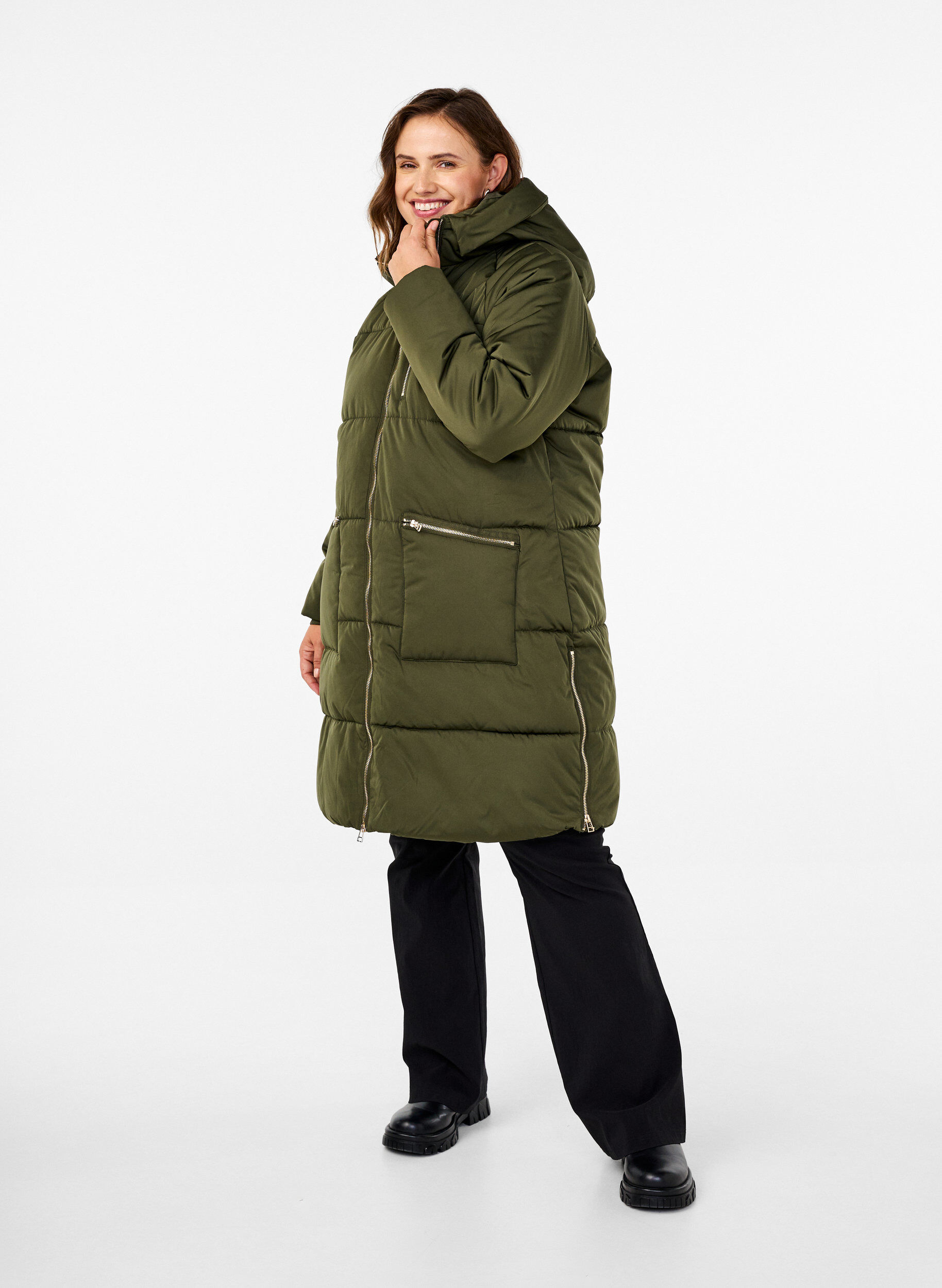 Zizzi Pufferjacke mit Kapuze, Gr&uuml;n, Model image number 1