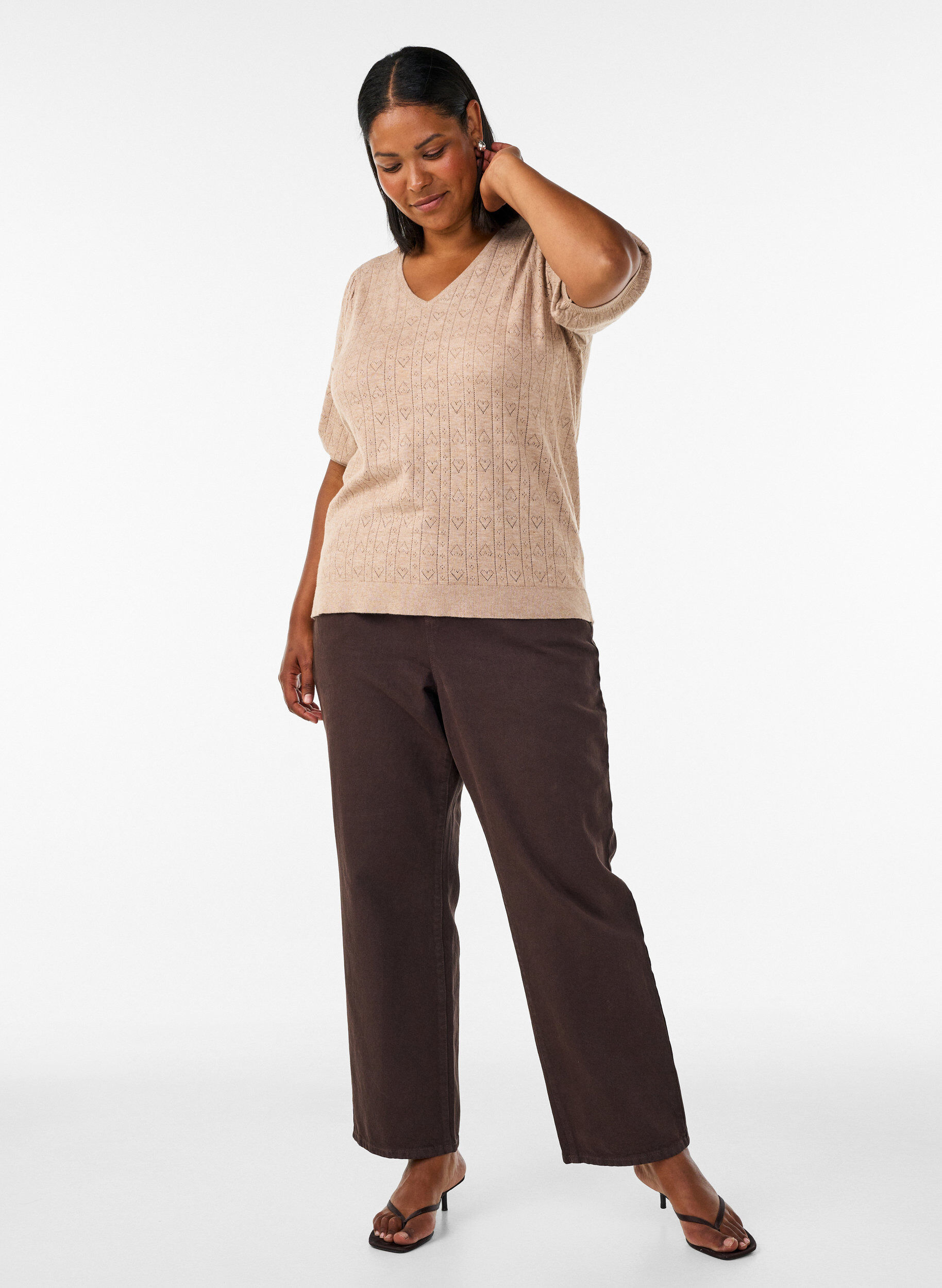 ZizziKurz&auml;rmelige Bluse aus Strick mit Pointelle-Muster, Beige, Model image number 1