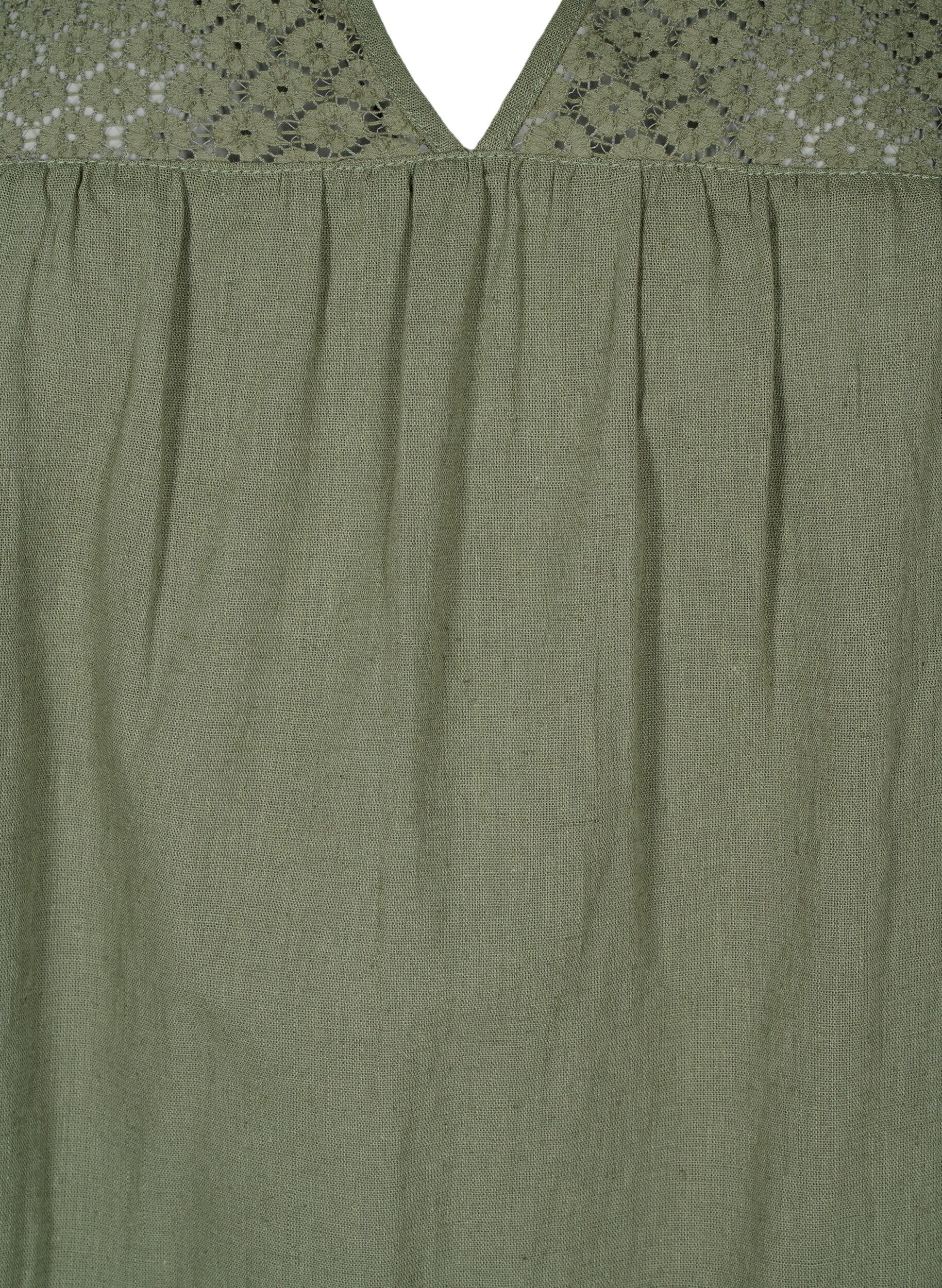 Zizzi Kleid aus einer Baumwollmischung mit Leinen und H&auml;keldetails, Deep Lichen Green, Packshot image number 2