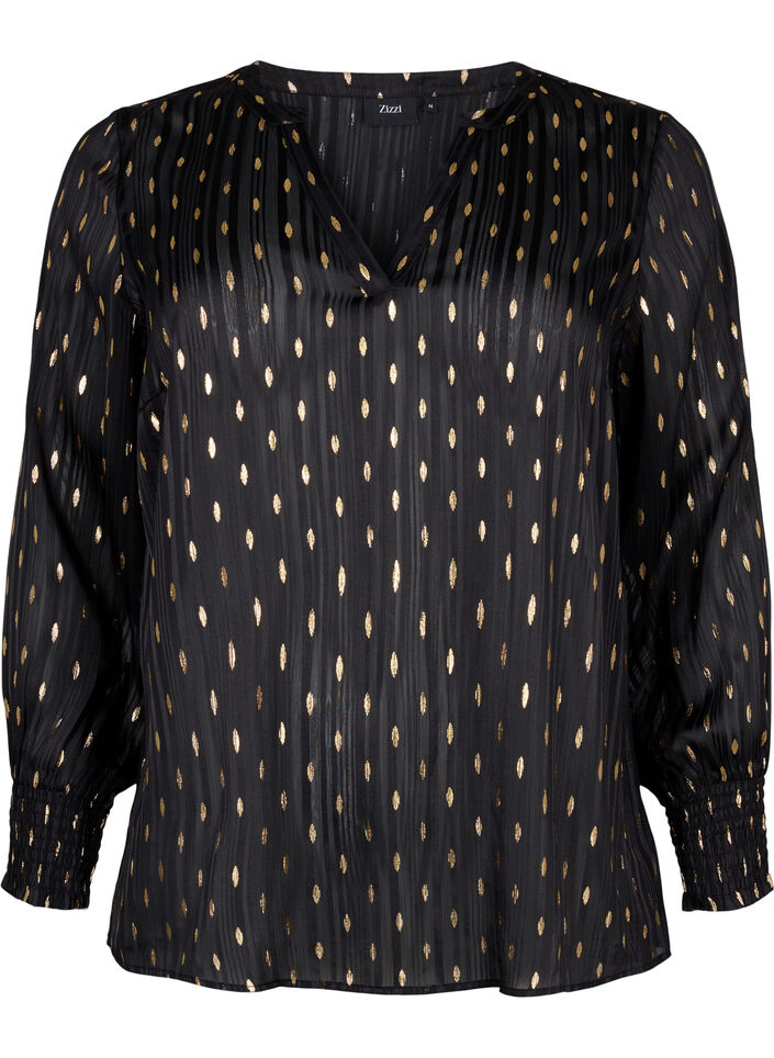 Bedruckte Bluse mit Smock und V-Ausschnitt, Black w. Gold, Packshot image number 0