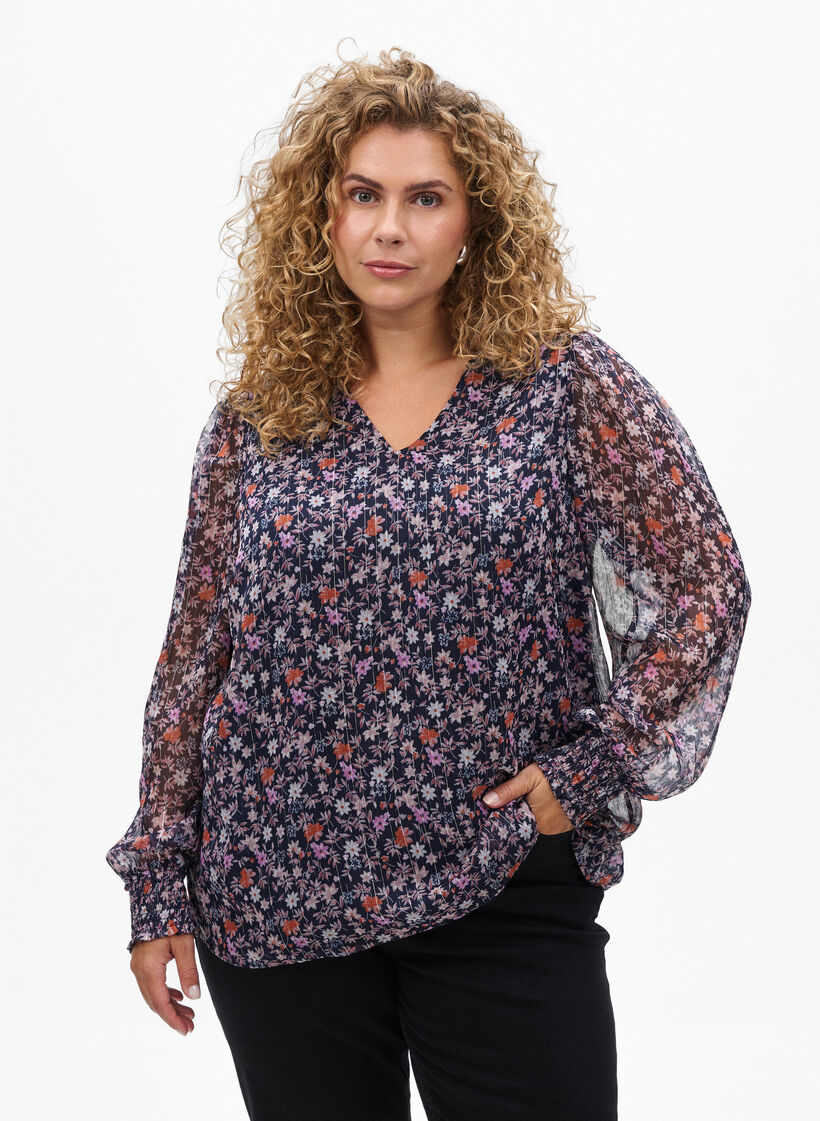 Bluse mit gebl&uuml;mtem Print und Glitzerfaden, Blau, Model image number 0