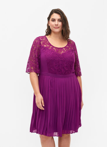 Kurzärmeliges Kleid mit Spitzenoberteil, Grape Juice, Model image number 0