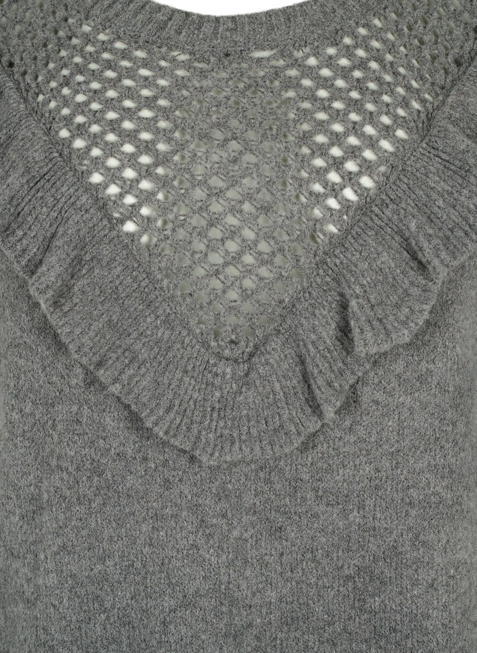 Zizzi Gestrickter Wollpullover mit R&uuml;schendetail, Dark Grey Melange, Packshot image number 2