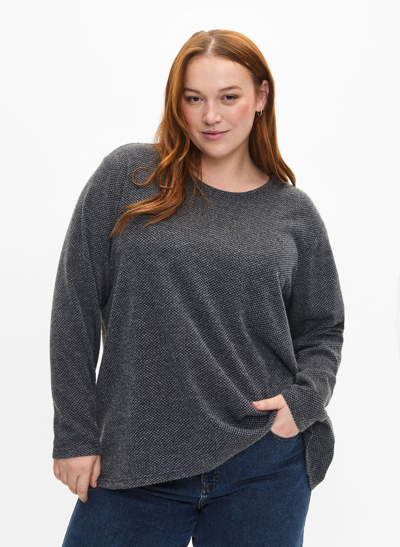 Melange Bluse mit rund um den Neck und langen Ärmel, Dark Grey, Model image number 0