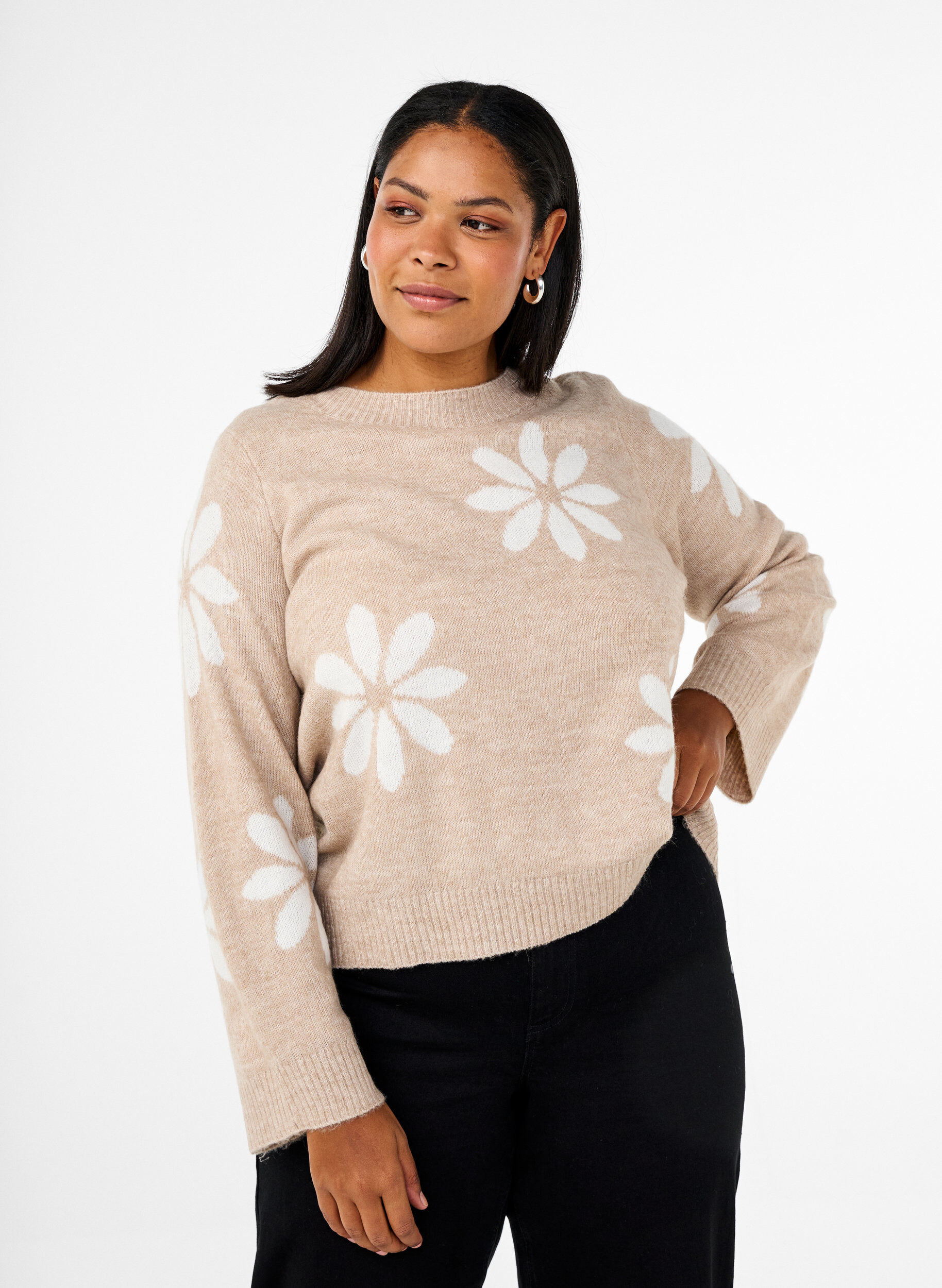 Zizzi Gebl&uuml;mte Bluse aus Strick, Simply Taupe Comb, Model image number 0