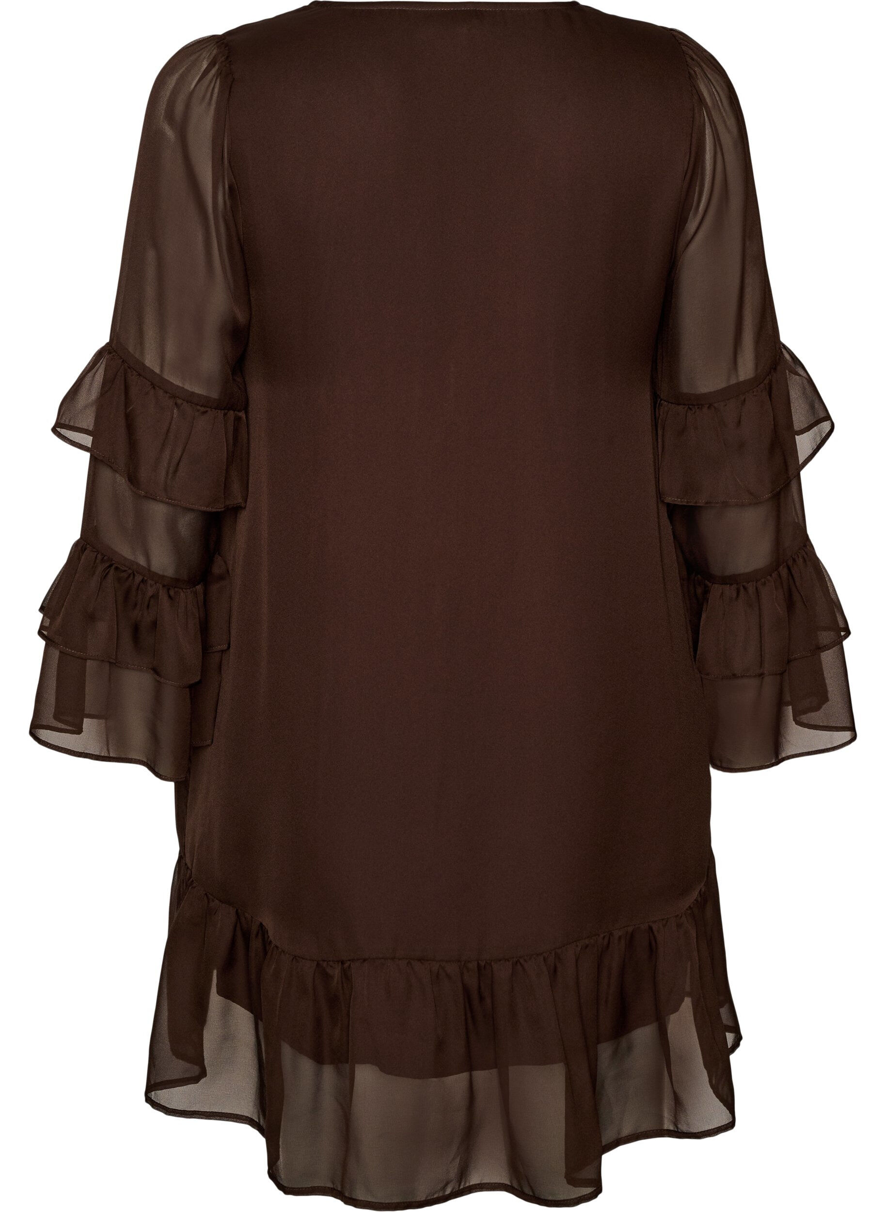 ZizziKurzes Kleid mit transparenten R&uuml;schen&auml;rmeln, Braun, Packshot image number 1