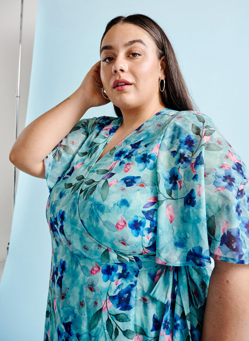 Kurzärmeliges Wrap-Kleid mit Blumenprint, Trellis AOP, Image image number 1