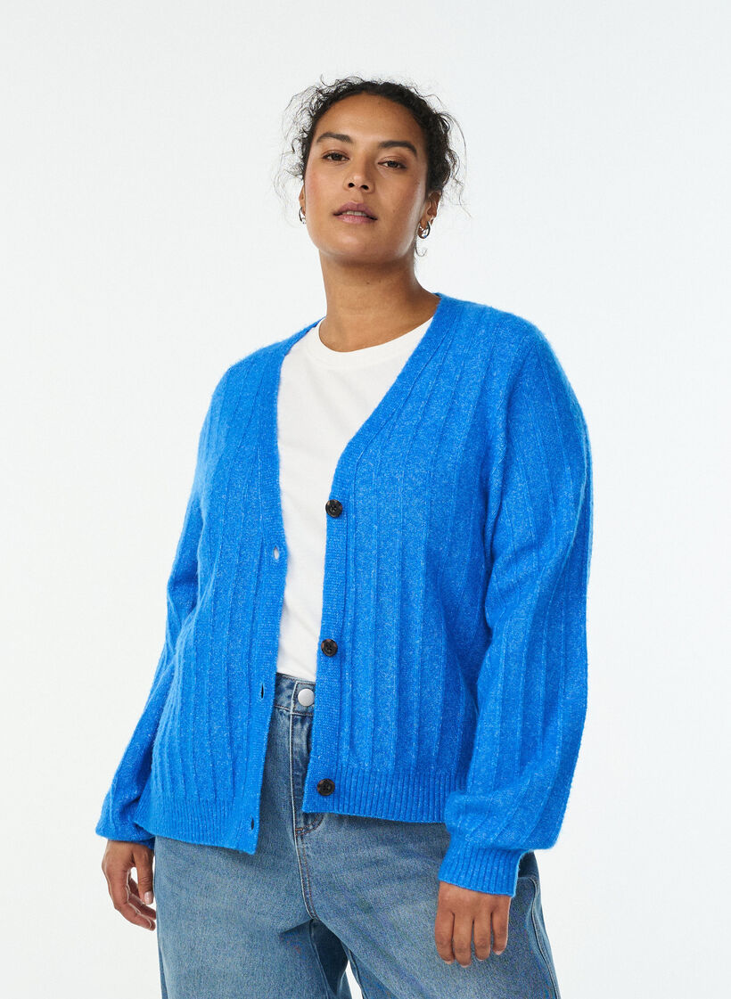 Strickjacke mit Rippstruktur und Ballonärmeln, Blau, Model image number 0