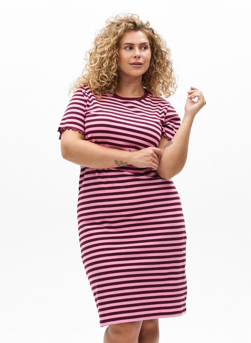 T-Shirtkleid aus geripptem Jersey in Knielänge, Dunkles Bordeaux, Model image number 0