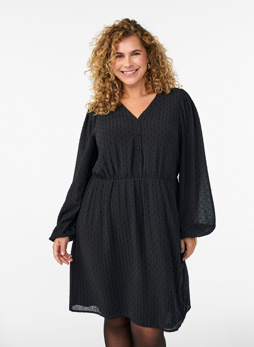 Kurzes Kleid mit Ton-in-Ton-Streifen und texturierten Punkten, Schwarz, Model image number 0