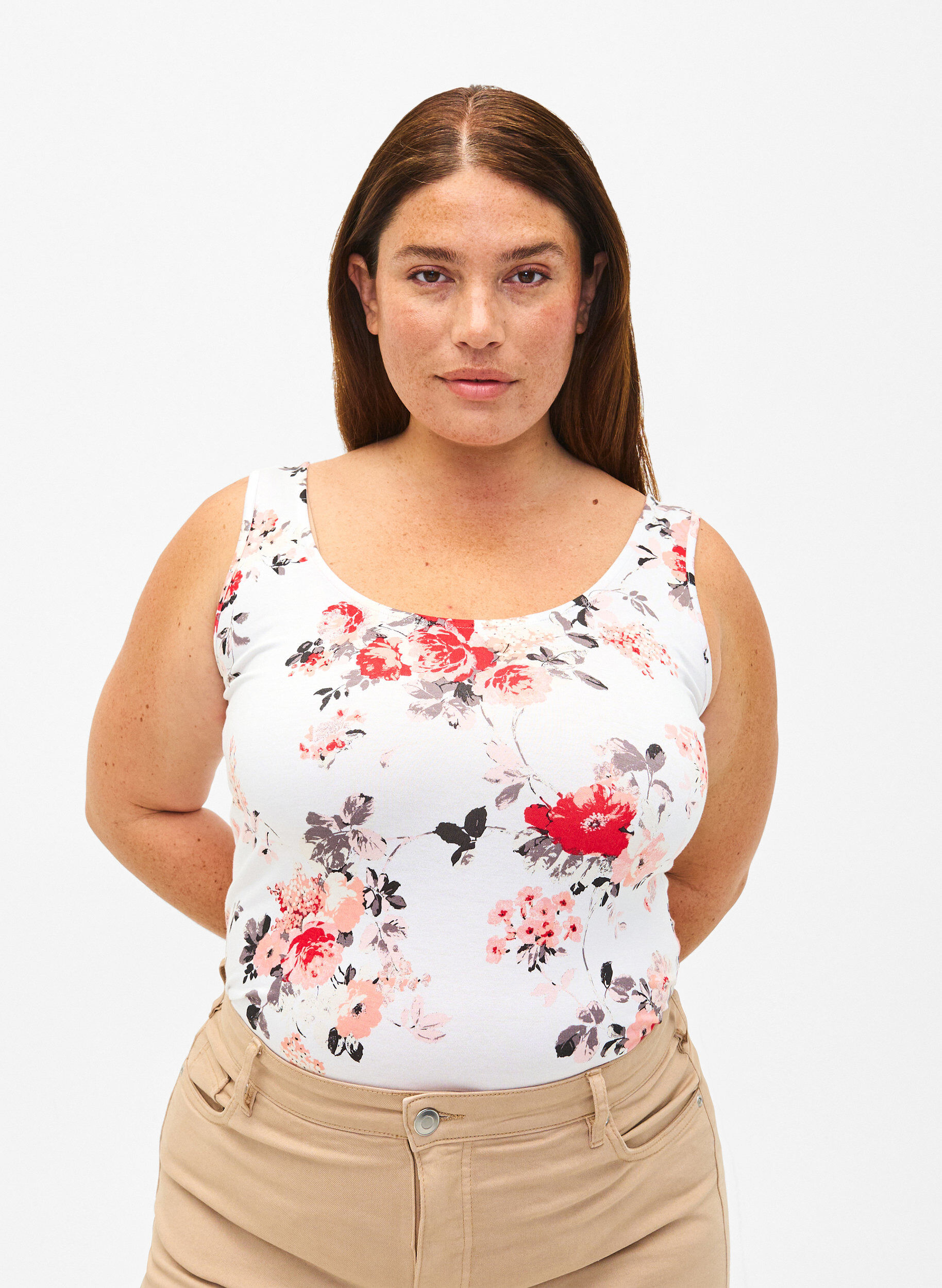 Zizzi Gebl&uuml;mtes Tanktop aus Viskose, White AOP flower, Model image number 0