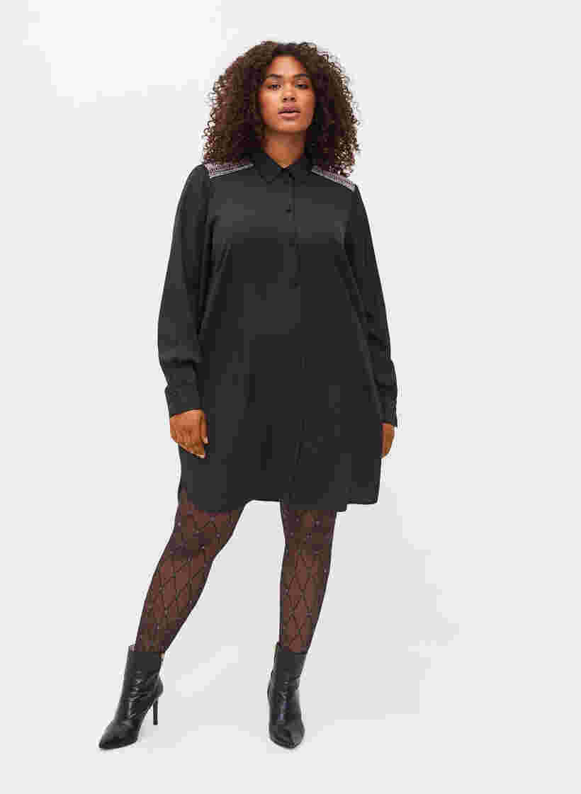 Langes Hemd mit Perlendetails, Black, Model image number 3