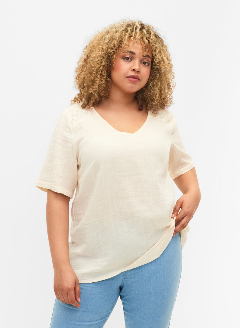 Bluse aus Baumwolle mit Stickerei und kurzen Ärmeln, Buttercream, Model image number 0