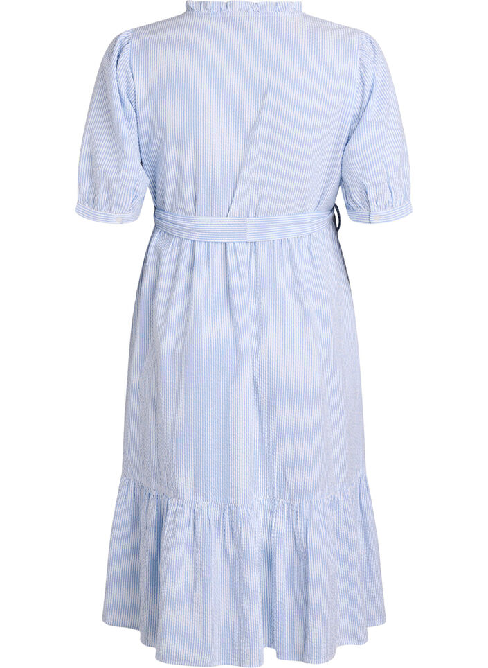 Gestreiftes Midikleid aus Baumwolle mit einem Bindeg&uuml;rtel, Wei&szlig;, Packshot image number 1