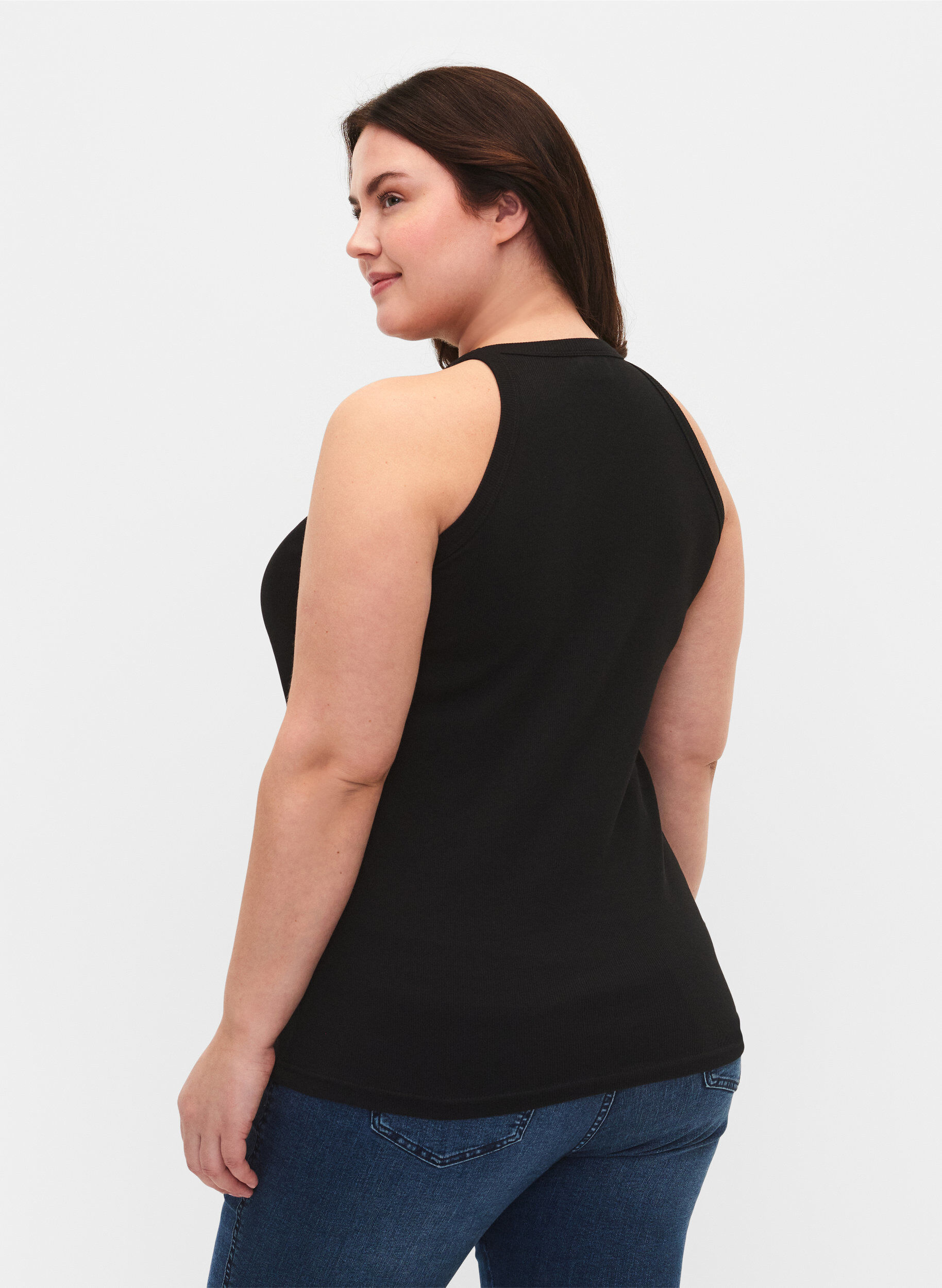 Zizzi Geripptes Tanktop aus Baumwolle, Black, Model image number 1