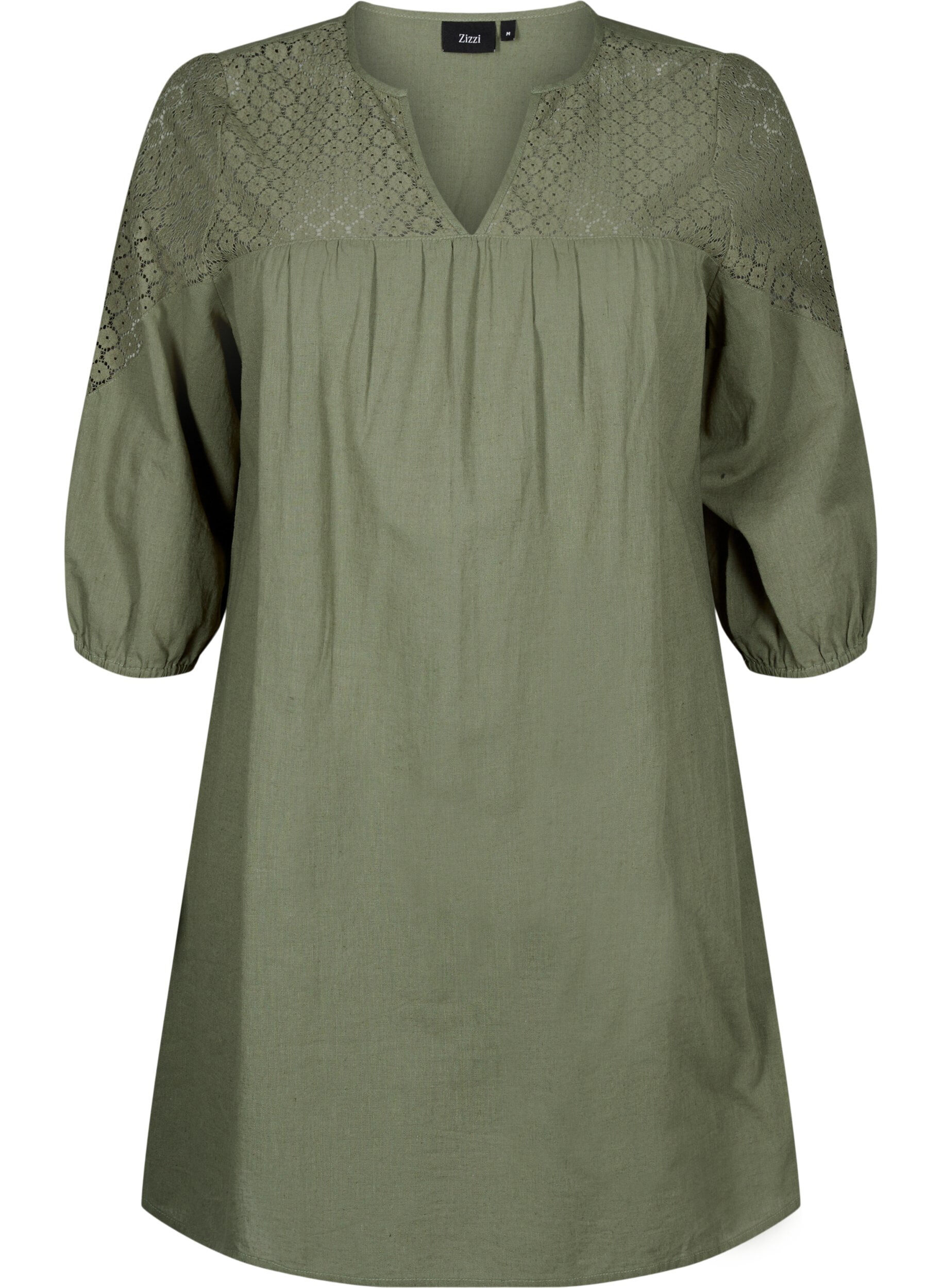 Zizzi Kleid aus einer Baumwollmischung mit Leinen und H&auml;keldetails, Deep Lichen Green, Packshot image number 0