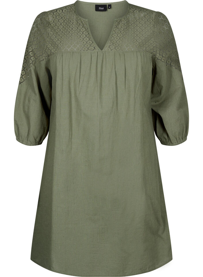 Kleid aus einer Baumwollmischung mit Leinen und Häkeldetails, Deep Lichen Green, Packshot image number 0