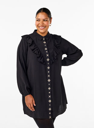 Hemdblusenkleid mit Rüschen und Stickereien - Schwarz - Gr. S - Zizzi
