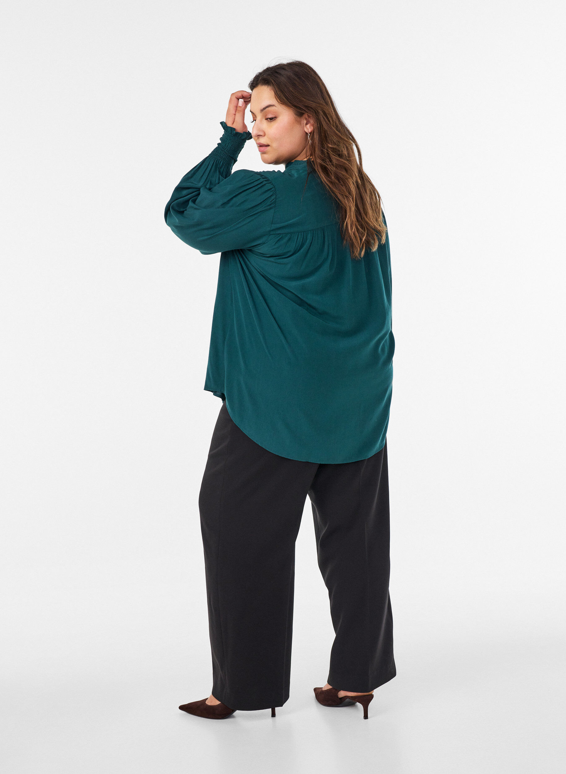 ZizziBluse mit R&uuml;schenkragen und Raffung, Gr&uuml;n, Model image number 2