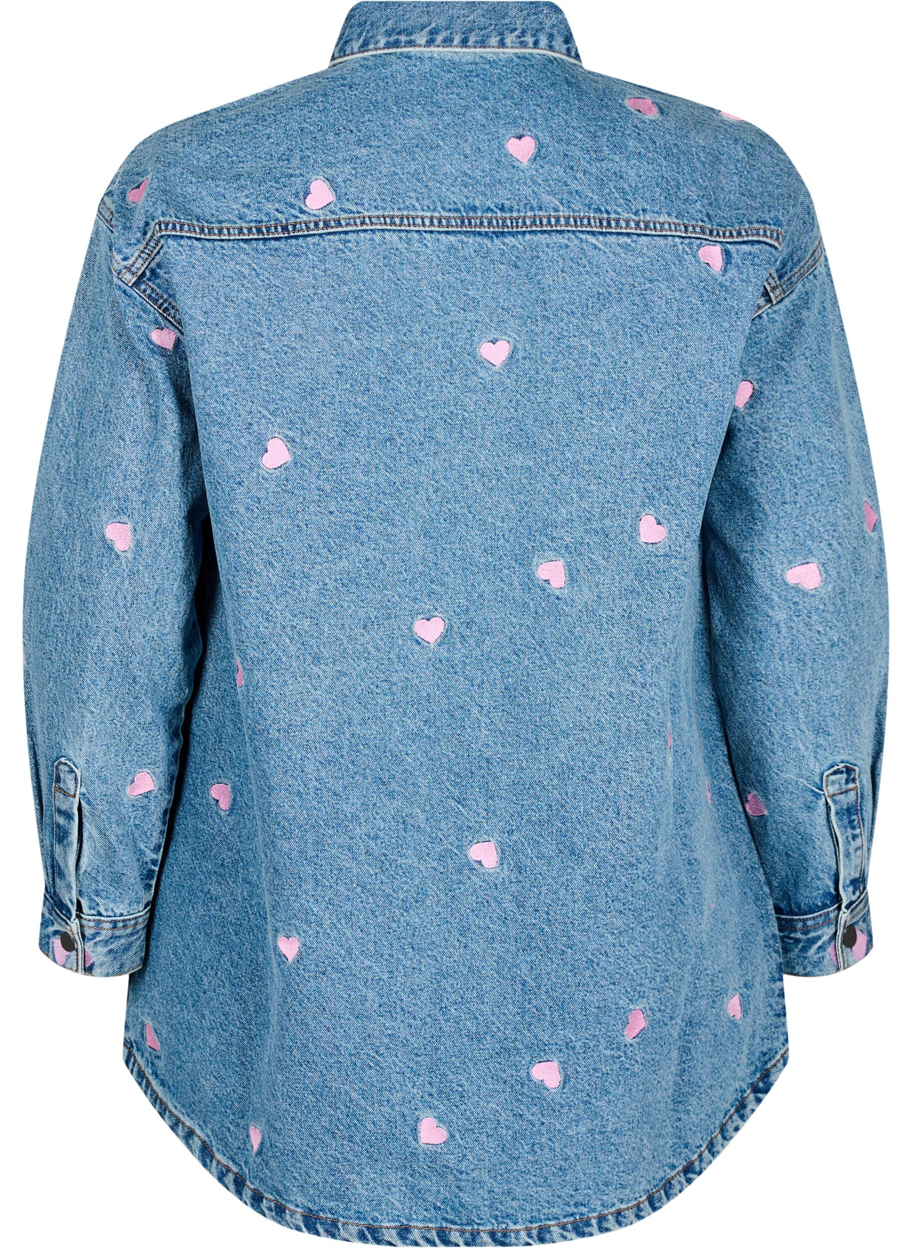 Zizzi Locker geschnittene Jeansbluse mit aufgestickten Herzen, Light Blue Heart, Packshot image number 1