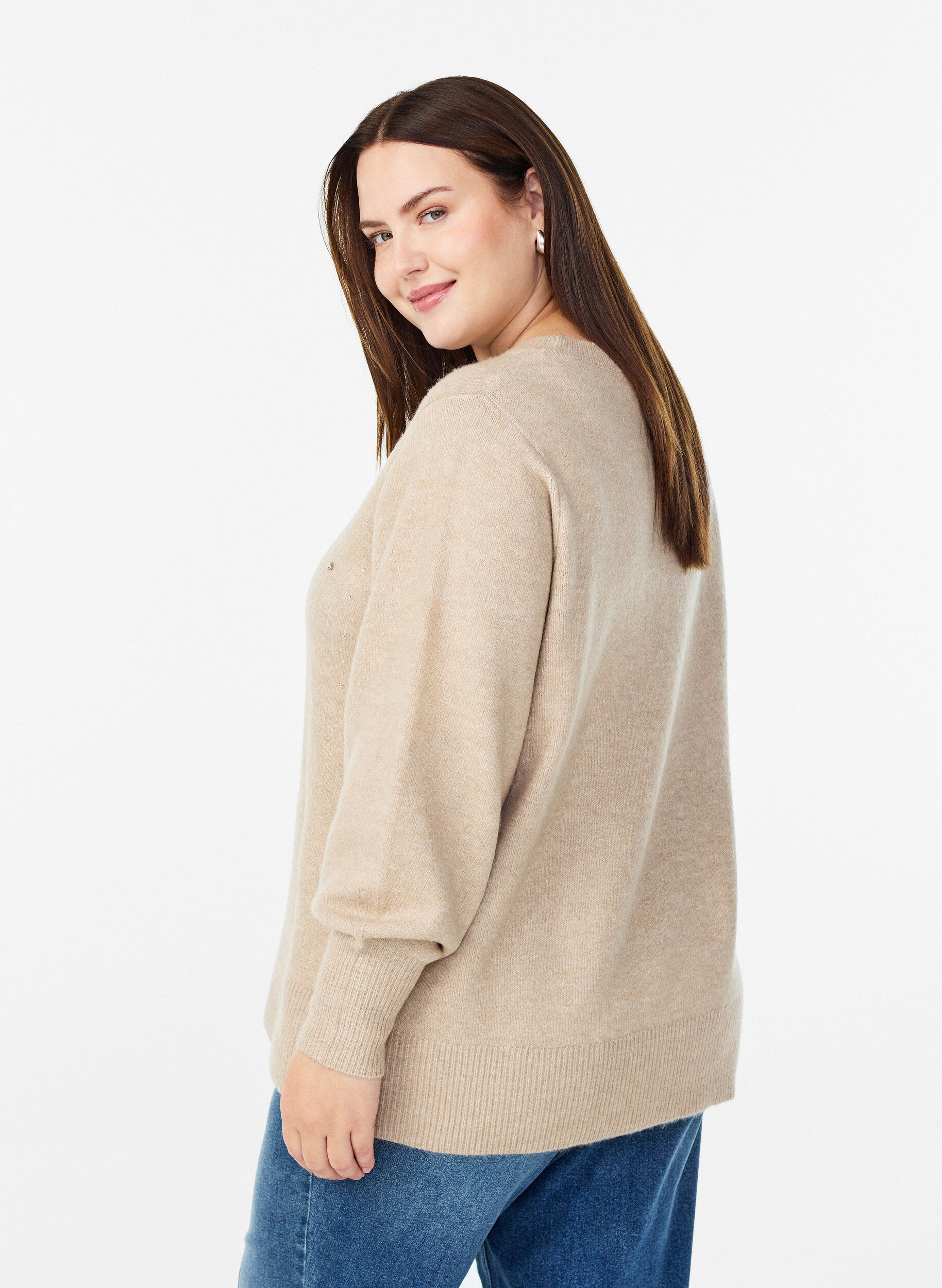 Zizzi Strickbluse mit Strasssteinen, Beige, Model image number 2