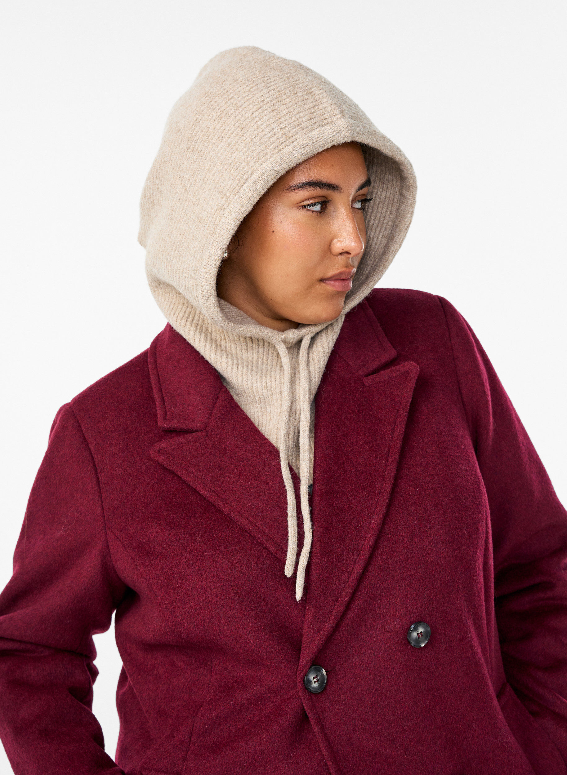 Zizzi Gestrickte Balaclava mit Kordelzug, Beige, Model image number 1