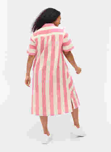 Kurzärmeliges Hemdkleid aus Baumwolle mit Streifen, Magenta Stripe, Model image number 1